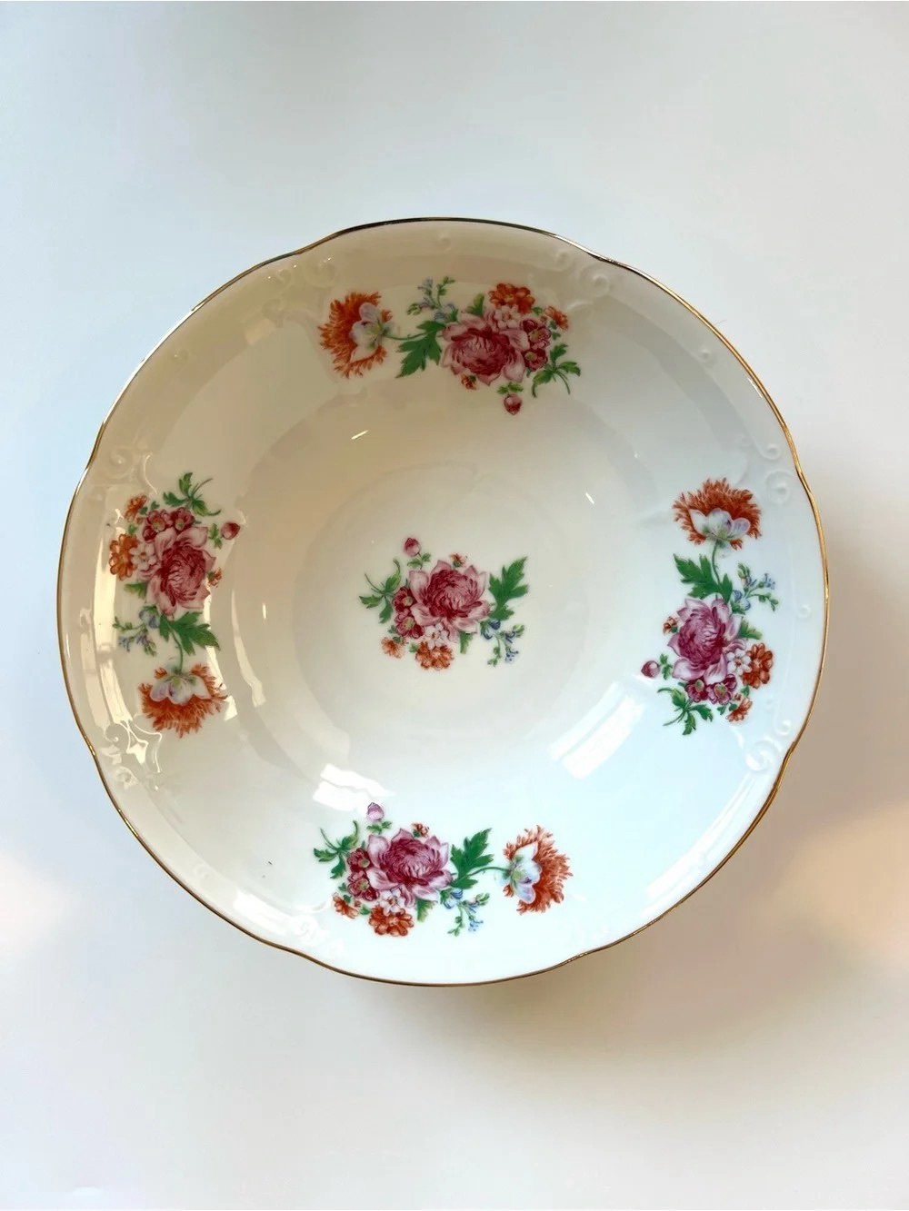 Porcelain Floral Serving Bowl in White with Pink & Orange Flowers
